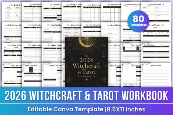 Download 2026 Witchcraft &amp; Tarot Workbook Canva - Book Collection